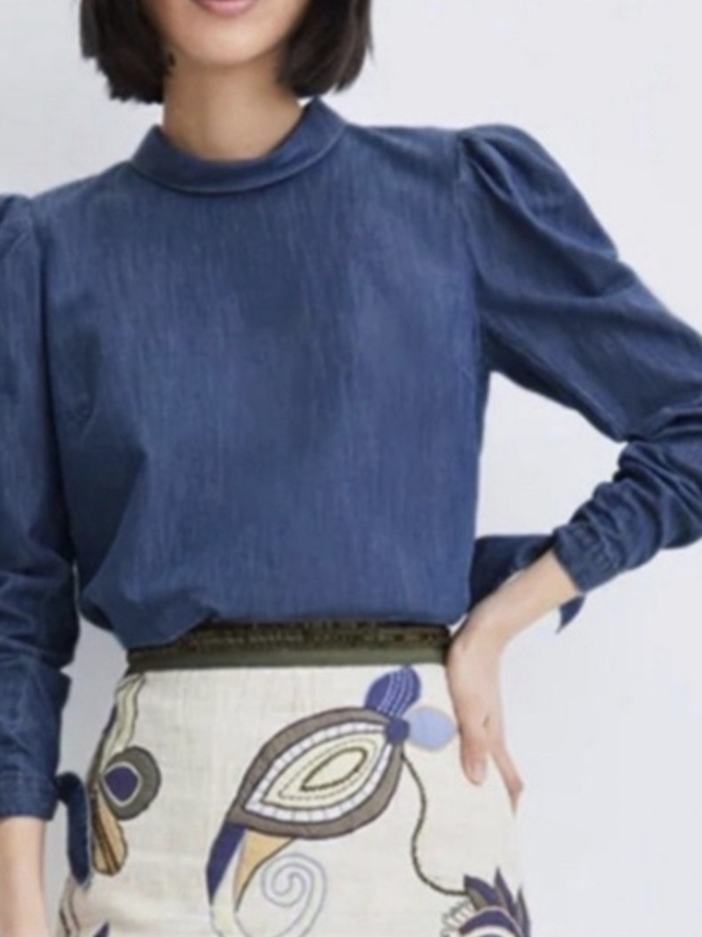 Veronica Beard Isabel Chambray Puff Sleeve Top Denim Blue Size 6